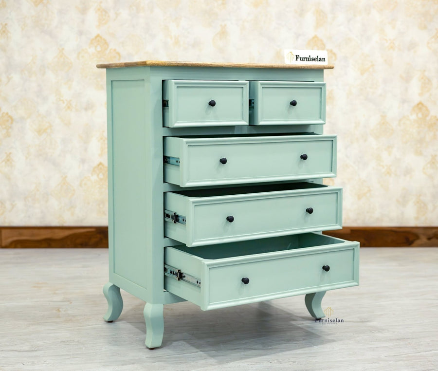 Mumbai Solid Wood Chest of Drawer Storage Five Drawers - Sideboard - Furniselan-Silt-Green