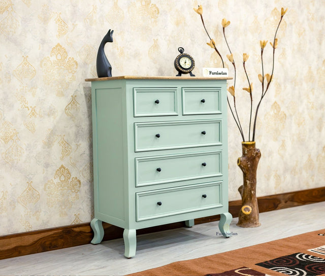 Mumbai Solid Wood Chest of Drawer Storage Five Drawers - Sideboard - Furniselan-Silt-Green