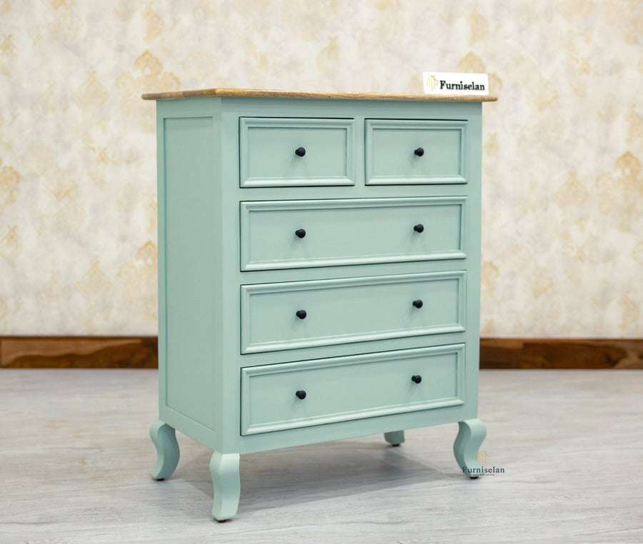 Mumbai Solid Wood Chest of Drawer Storage Five Drawers - Sideboard - Furniselan-Silt-Green