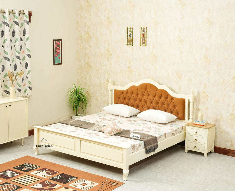 Mumbai Solid Wood King Size Bed Upholstered Headboard Furniselan frosty white