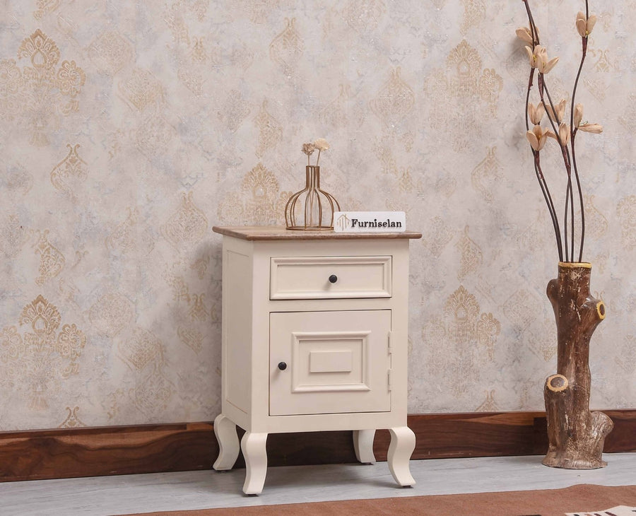 Mumbai Solid Wood One Door One Drawer Bedside Table - Left Side Door - Furniselan - Frosty White
