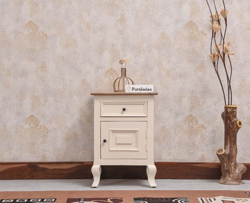 Mumbai Solid Wood One Door One Drawer Bedside Table - Left Side Door - Furniselan - Frosty White
