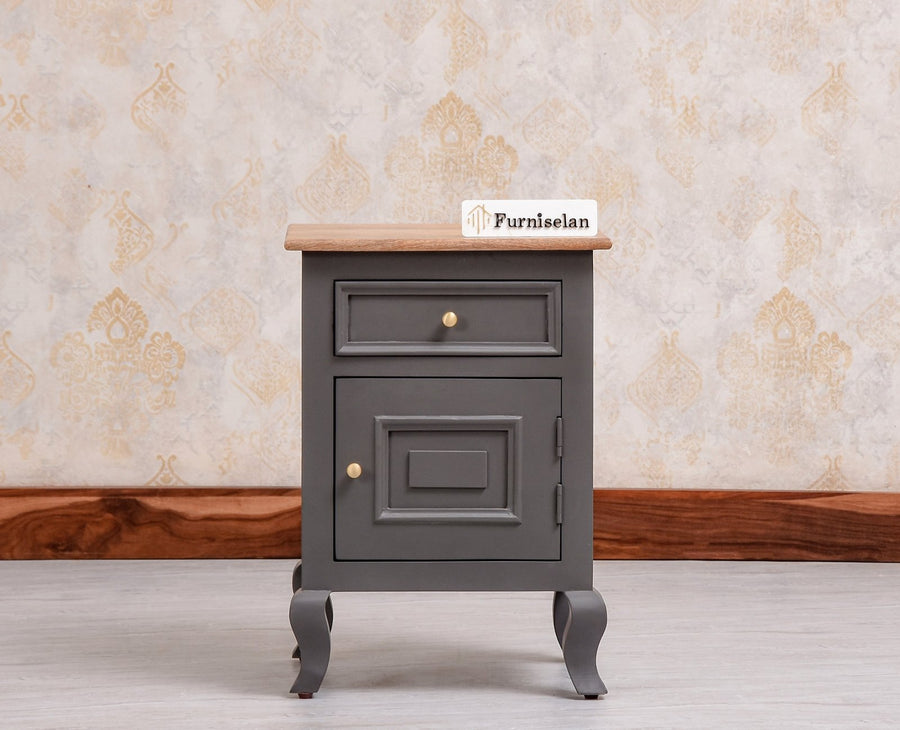 Mumbai Solid Wood One Door One Drawer Bedside Table - Left Side Door - Furniselan - Slate Grey
