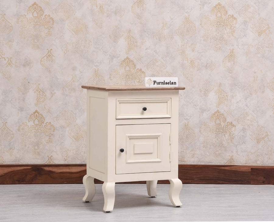 Mumbai Solid Wood One Door One Drawer Bedside Table - Left Side Door - Furniselan - Frosty White
