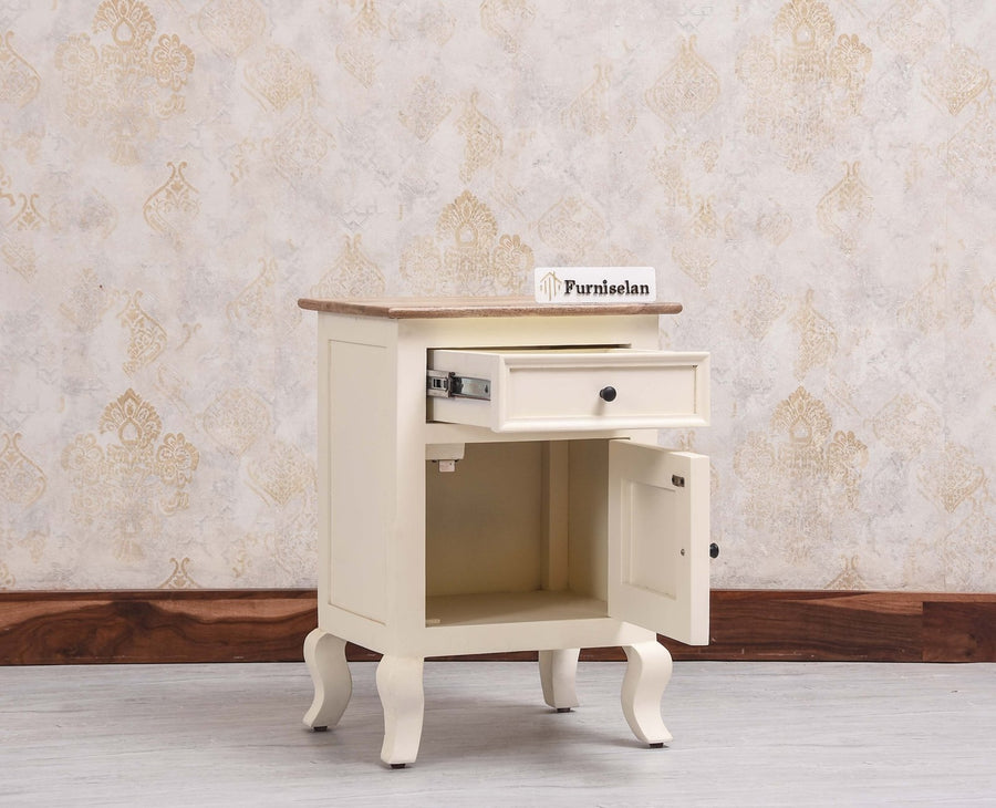 Mumbai Solid Wood One Door One Drawer Bedside Table - Left Side Door - Furniselan - Frosty White
