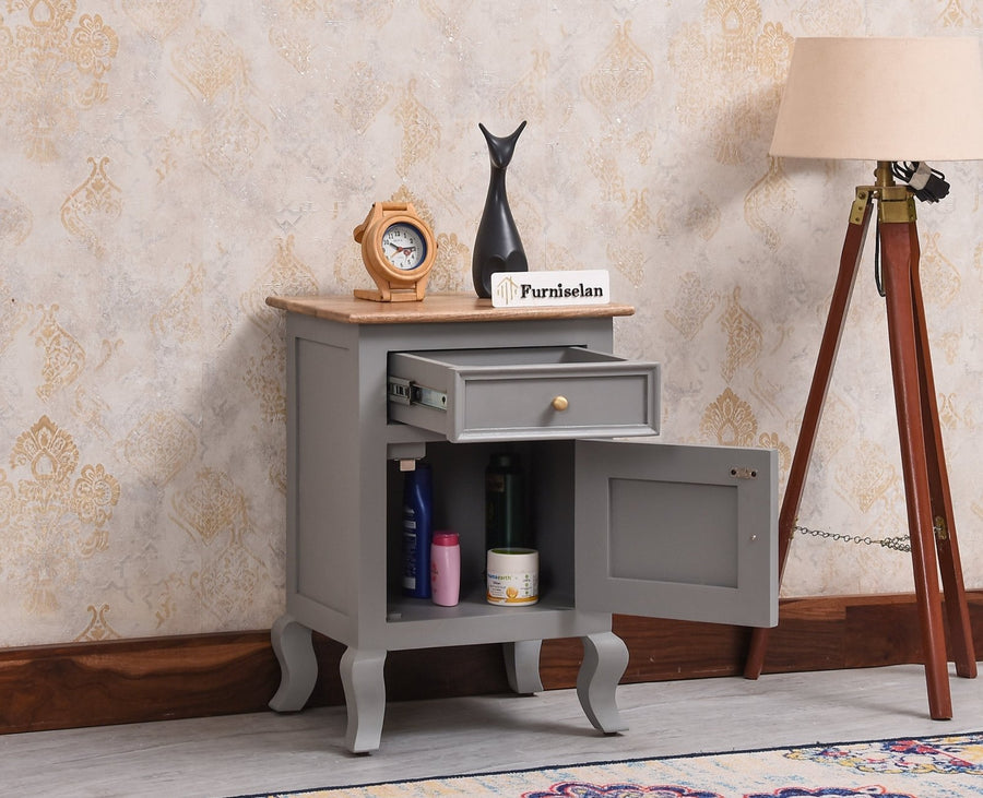 Mumbai Solid Wood One Door One Drawer Bedside Table - Left Side Door - Furniselan - Cool Grey
