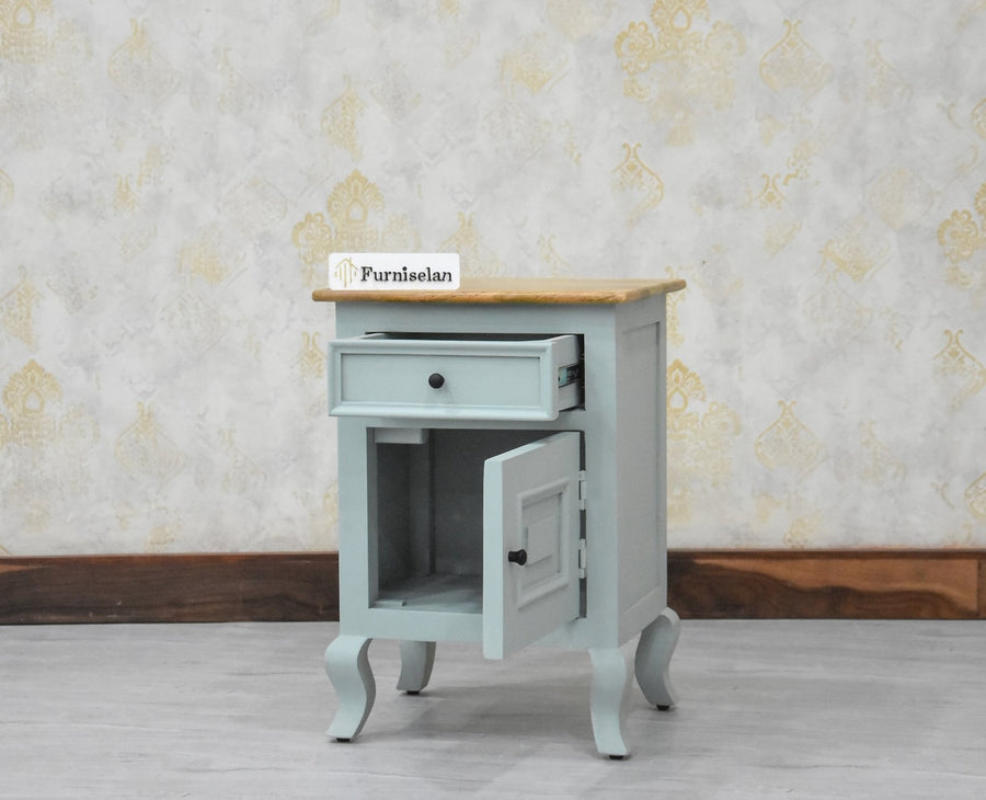 Mumbai Solid Wood One Door One Drawer Bedside Table - Left Side Door - Furniselan - Silt Green

