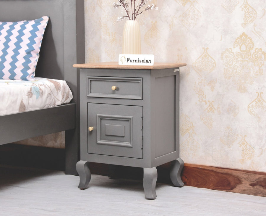 Mumbai Solid Wood One Door One Drawer Bedside Table - Left Side Door - Furniselan - Cool Grey
