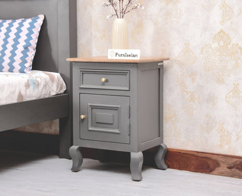 Mumbai Solid Wood One Door One Drawer Bedside Table - Left Side Door - Furniselan - Cool Grey

