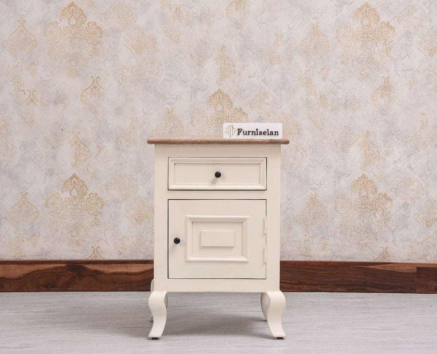 Mumbai Solid Wood One Door One Drawer Bedside Table - Left Side Door - Furniselan - Frosty White
