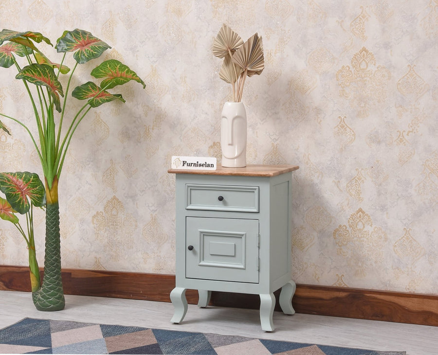 Mumbai Solid Wood One Door One Drawer Bedside Table - Left Side Door - Furniselan - Silt Green
