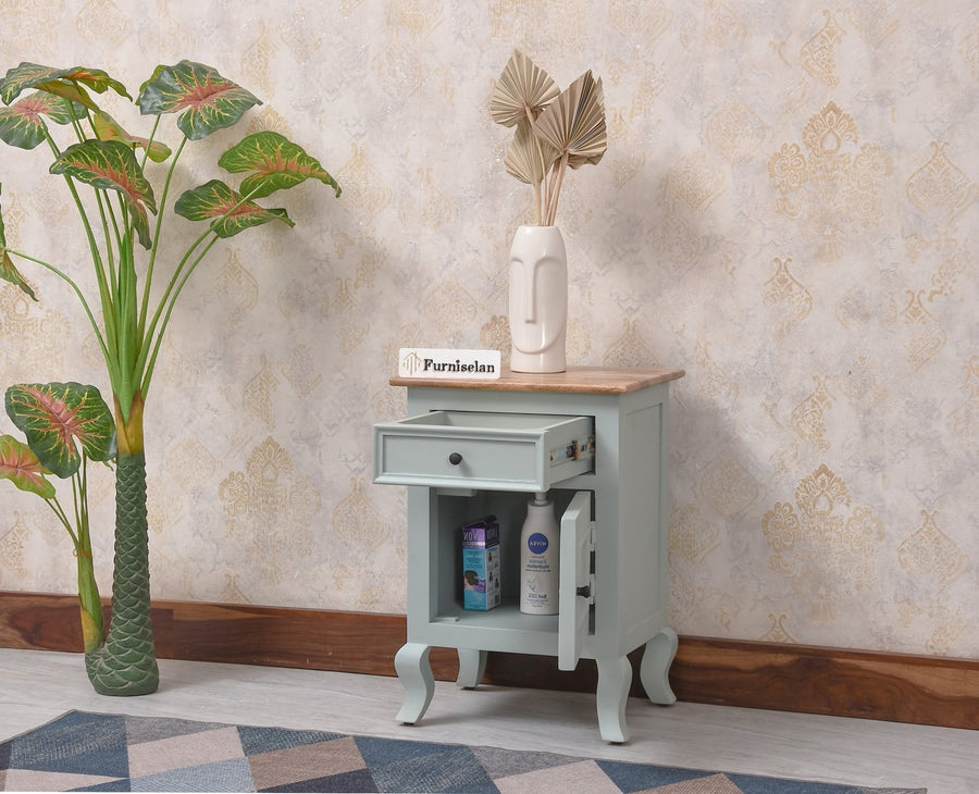 Mumbai Solid Wood One Door One Drawer Bedside Table - Left Side Door - Furniselan - Silt Green
