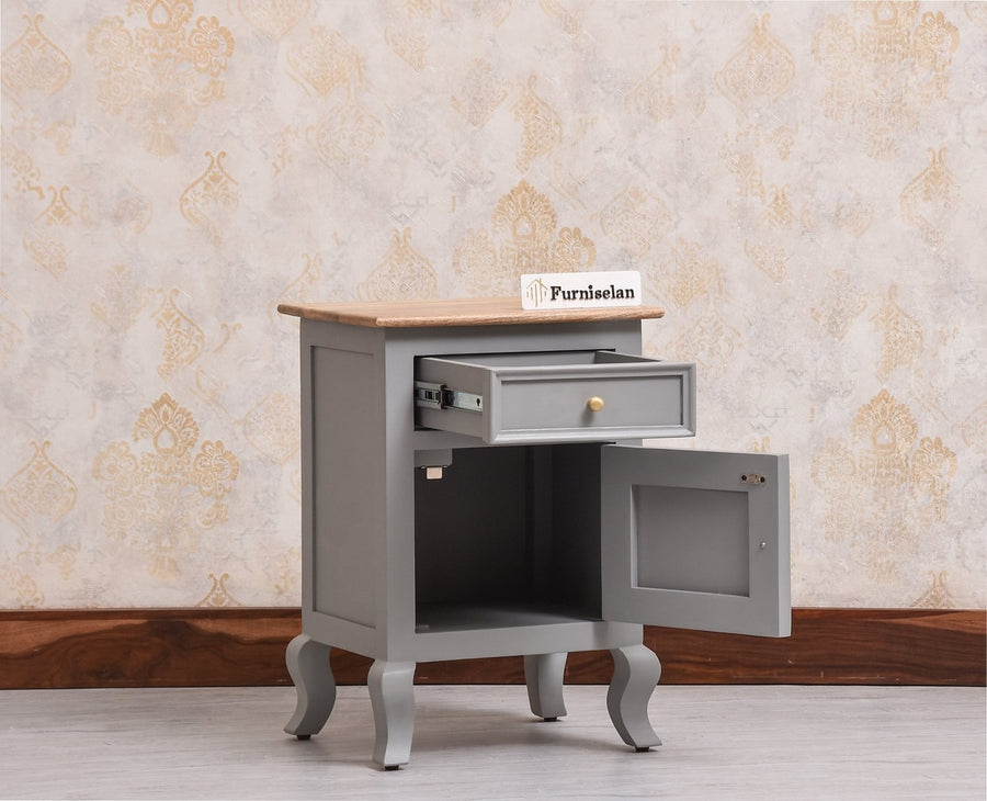 Mumbai Solid Wood One Door One Drawer Bedside Table - Left Side Door - Furniselan - Cool Grey
