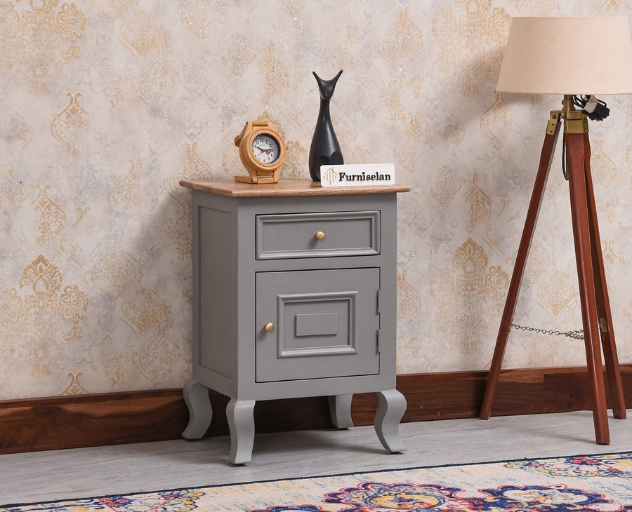 Mumbai Solid Wood One Door One Drawer Bedside Table - Left Side Door - Furniselan - Cool Grey
