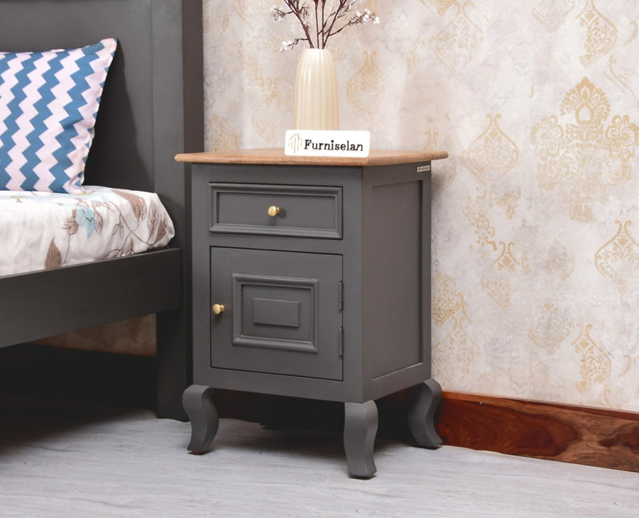 Mumbai Solid Wood One Door One Drawer Bedside Table - Left Side Door - Furniselan - Slate Grey
