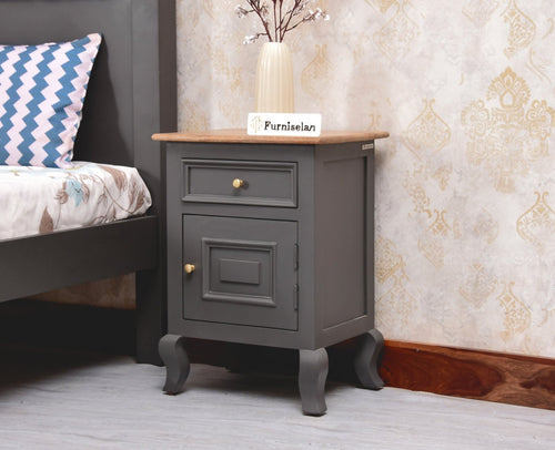 Mumbai Solid Wood One Door One Drawer Bedside Table - Left Side Door - Furniselan - Slate Grey
