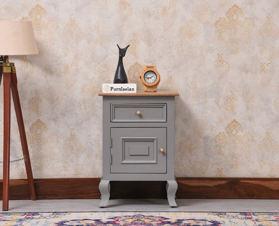 Mumbai Solid Wood One Door One Drawer Bedside Table - Right Side Door - Furniselan - Cool Grey
