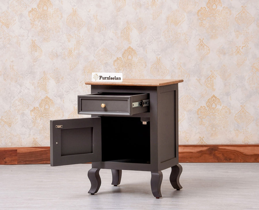 Mumbai Solid Wood One Door One Drawer Bedside Table - Right Side Door - Furniselan - Slate Grey