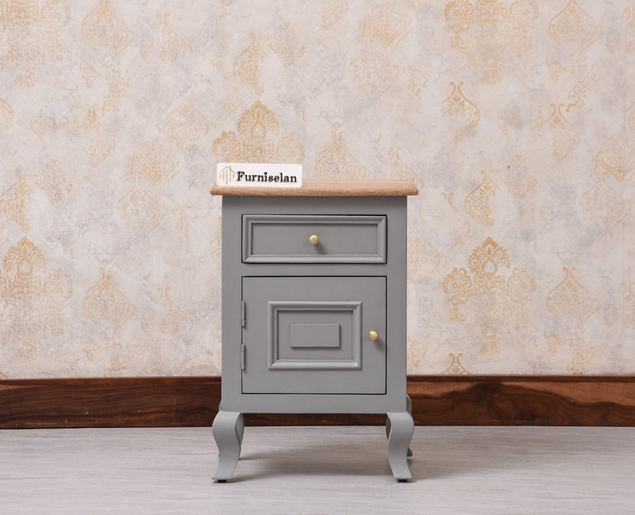 Mumbai Solid Wood One Door One Drawer Bedside Table - Right Side Door - Furniselan - Cool Grey
