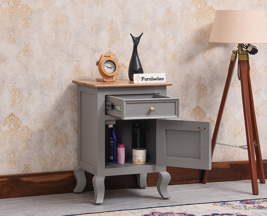 Mumbai Solid Wood One Door One Drawer Bedside Table - Right Side Door - Furniselan - Cool Grey
