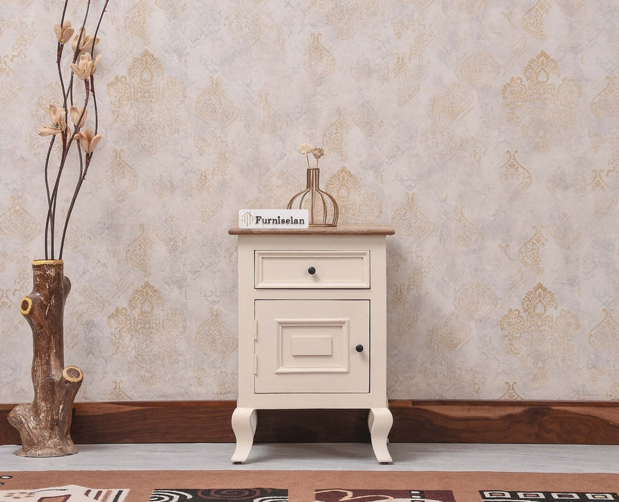 Mumbai Solid Wood One Door One Drawer Bedside Table - Right Side Door - Furniselan - Frosty White
