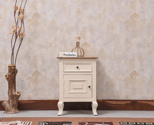 Mumbai Solid Wood One Door One Drawer Bedside Table - Right Side Door - Furniselan - Frosty White
