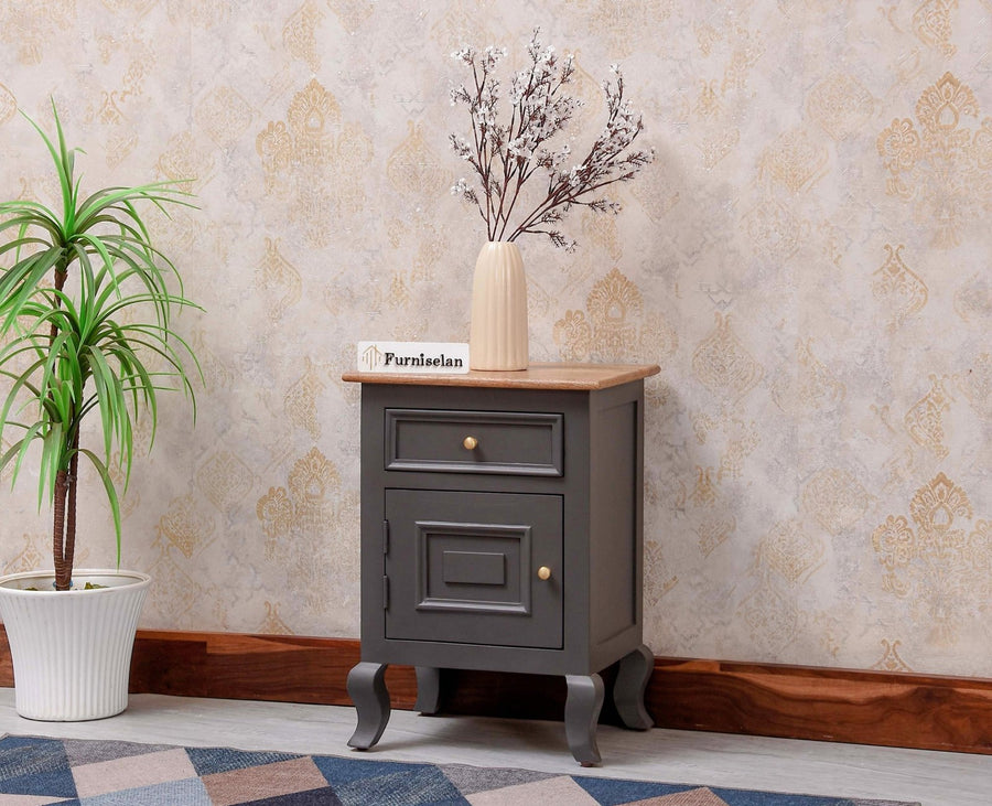 Mumbai Solid Wood One Door One Drawer Bedside Table - Right Side Door - Furniselan - Slate Grey
