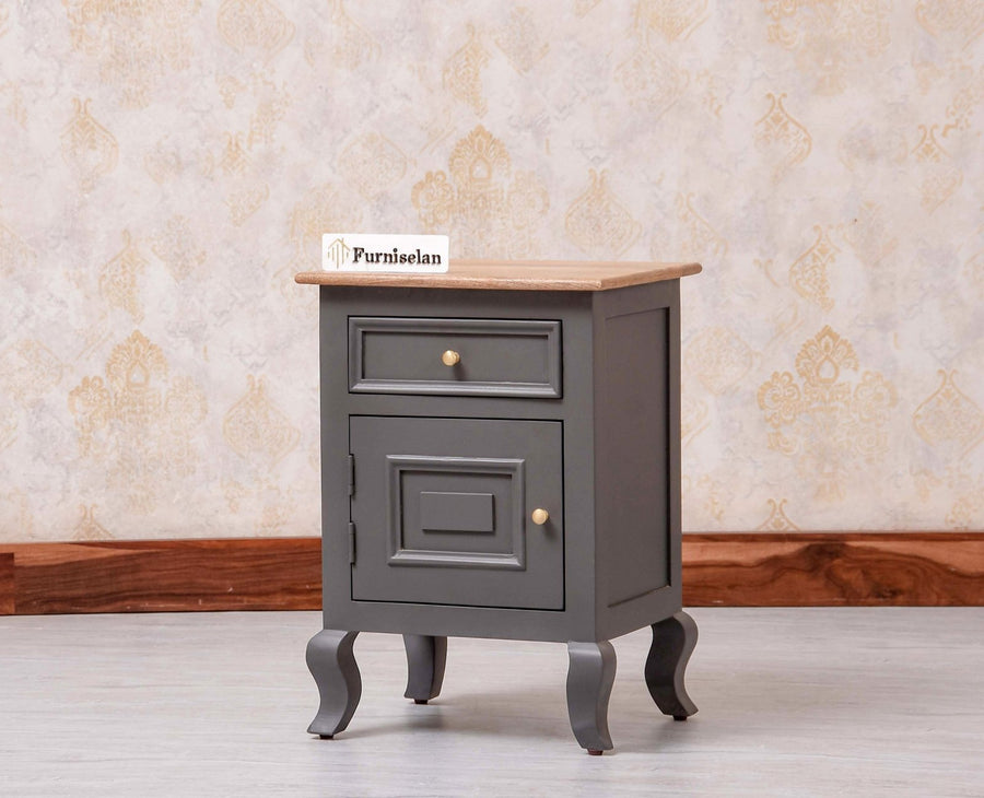 Mumbai Solid Wood One Door One Drawer Bedside Table - Right Side Door - Furniselan - Slate Grey