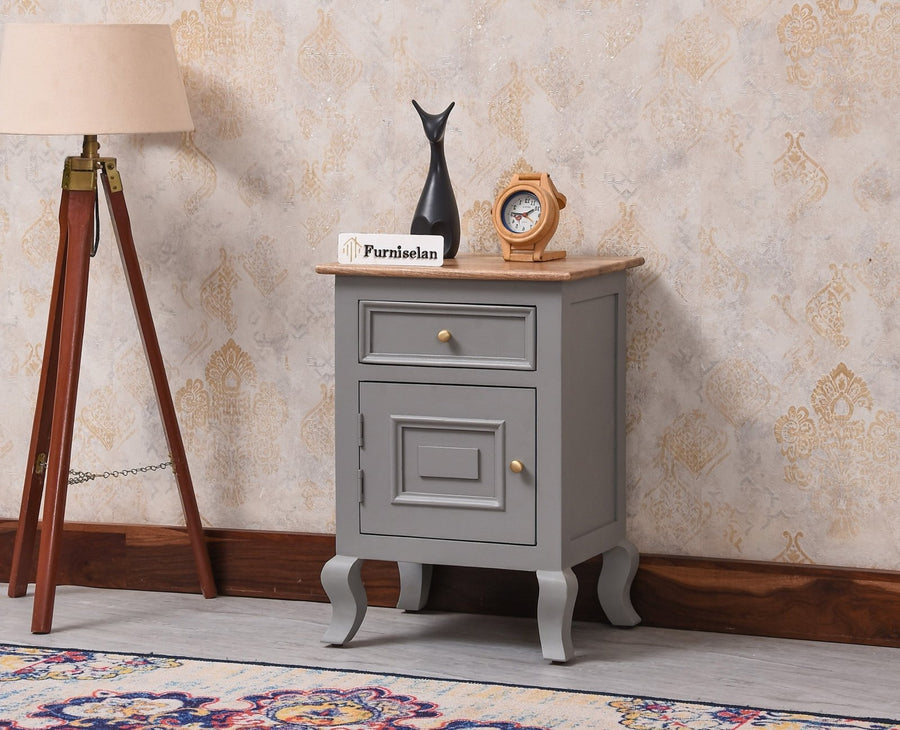 Mumbai Solid Wood One Door One Drawer Bedside Table - Right Side Door - Furniselan - Cool Grey
