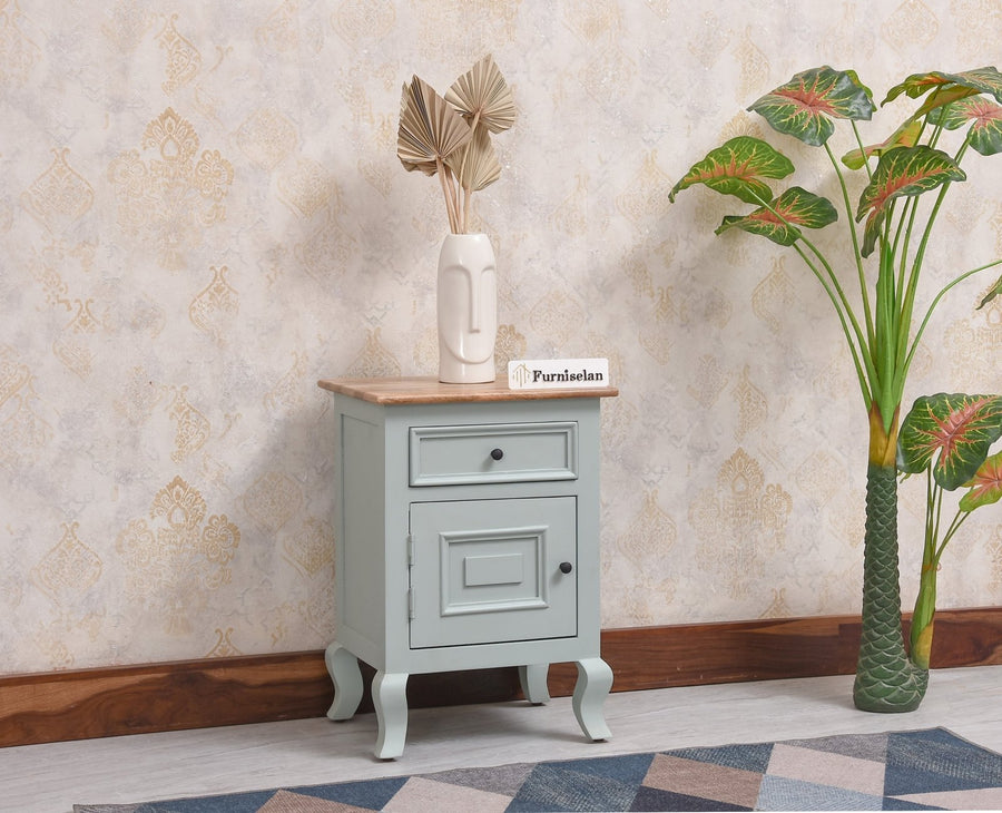Mumbai Solid Wood One Door One Drawer Bedside Table - Right Side Door - Furniselan - Silt Green
