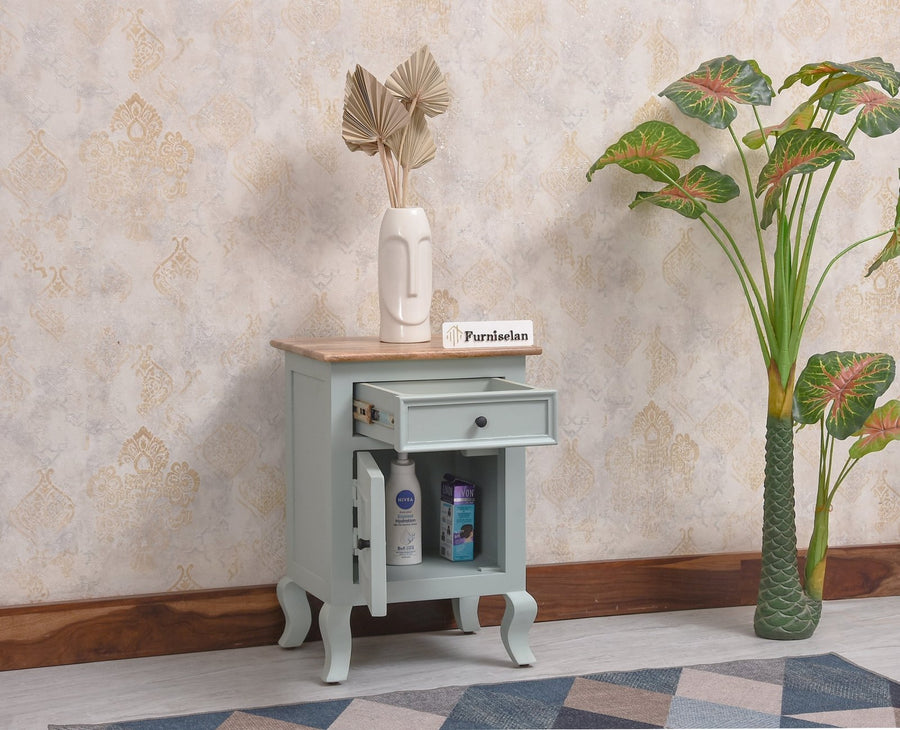 Mumbai Solid Wood One Door One Drawer Bedside Table - Right Side Door - Furniselan - Silt Green

