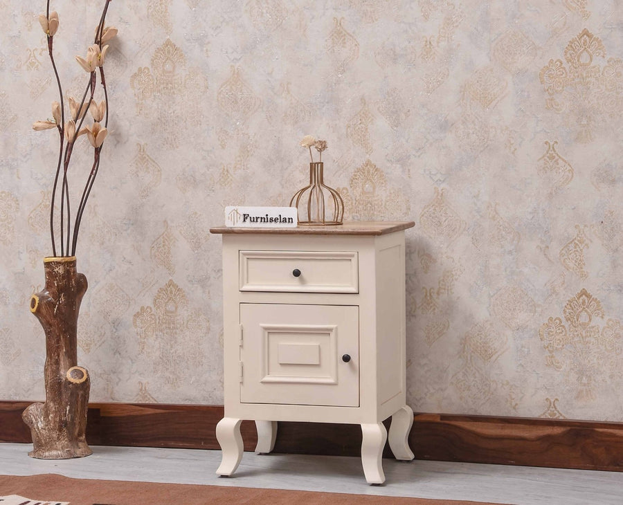 Mumbai Solid Wood One Door One Drawer Bedside Table - Right Side Door - Furniselan - Frosty White
