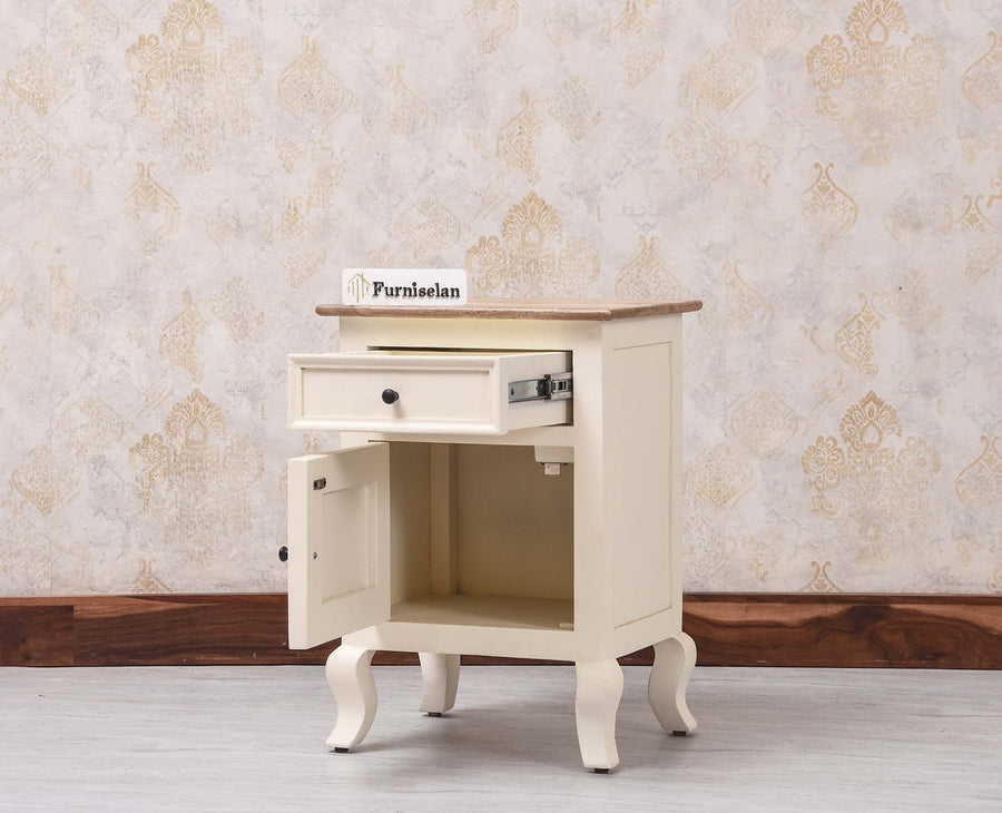 Mumbai Solid Wood One Door One Drawer Bedside Table - Right Side Door - Furniselan - Frosty White
