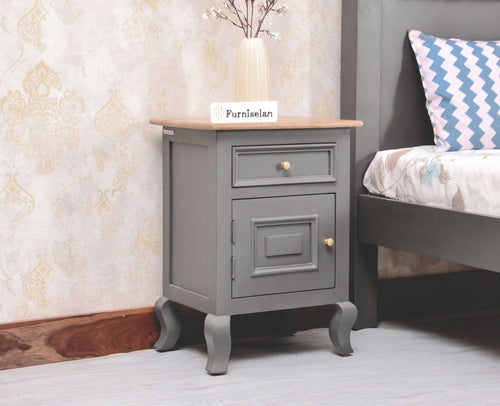 Mumbai Solid Wood One Door One Drawer Bedside Table - Right Side Door - Furniselan - Cool Grey
