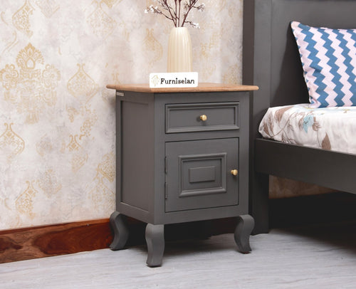 Mumbai Solid Wood One Door One Drawer Bedside Table - Right Side Door - Furniselan - Slate Grey
