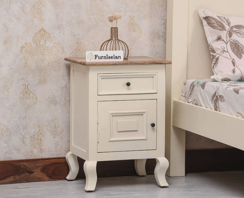 Mumbai Solid Wood One Door One Drawer Bedside Table - Right Side Door - Furniselan - Frosty White
