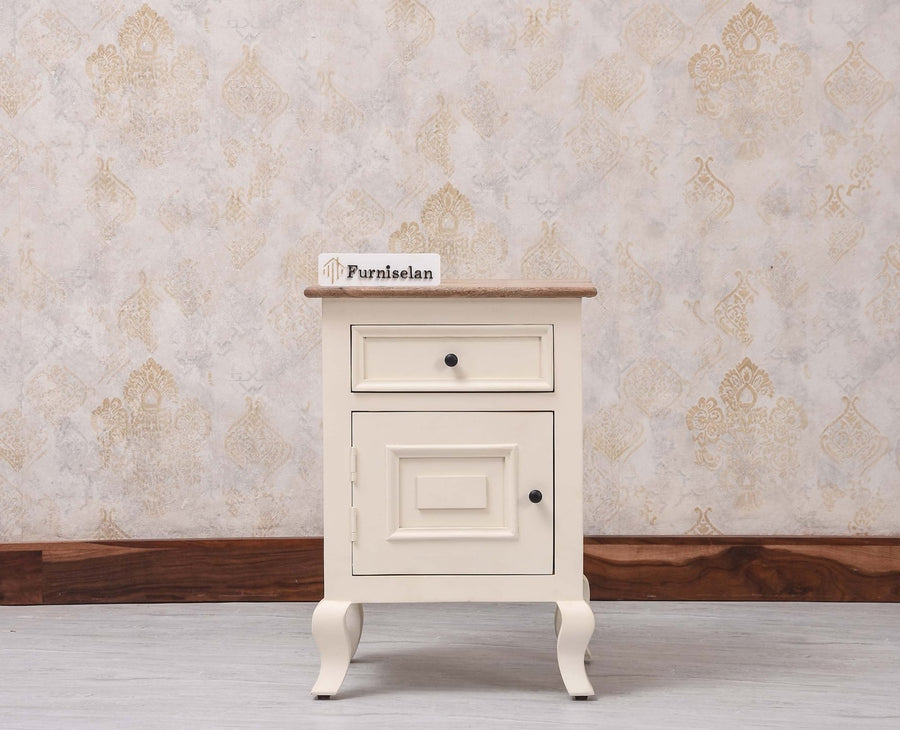 Mumbai Solid Wood One Door One Drawer Bedside Table - Right Side Door - Furniselan - Frosty White
