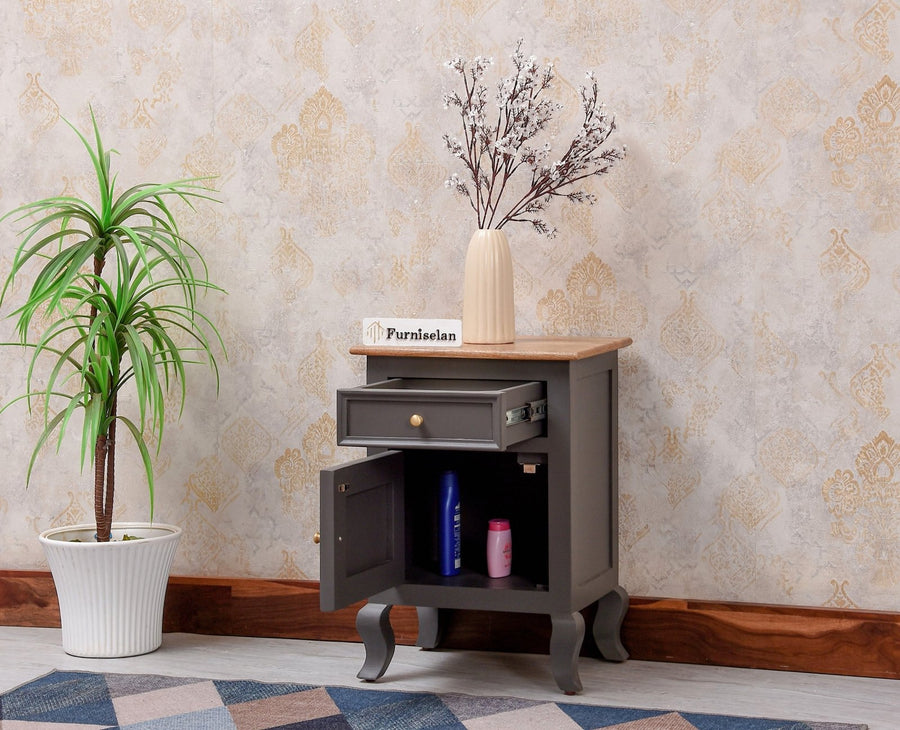 Mumbai Solid Wood One Door One Drawer Bedside Table - Right Side Door - Furniselan - Slate Grey
