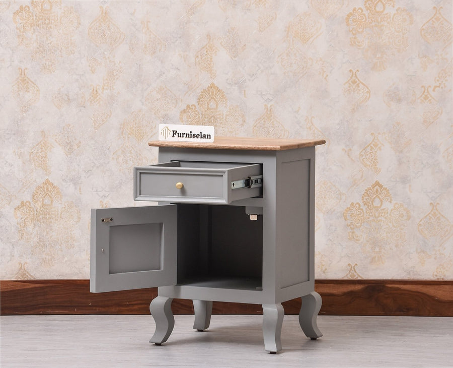 Mumbai Solid Wood One Door One Drawer Bedside Table - Right Side Door - Furniselan - Cool Grey
