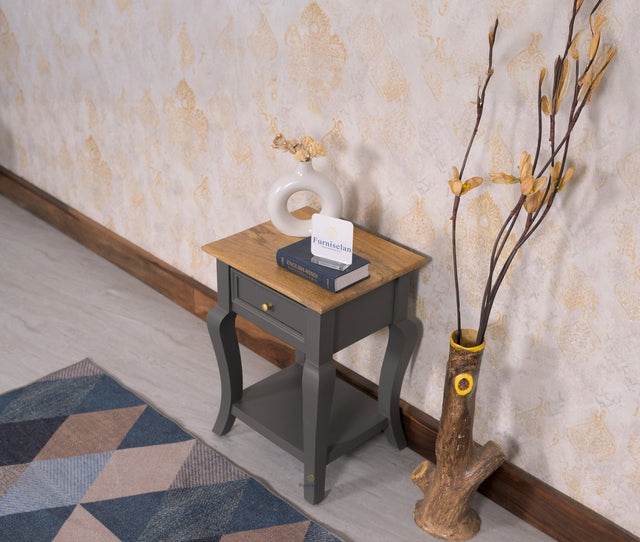 Mumbai Solid Wood One Drawer Side Table - Furniselan - Slate Grey