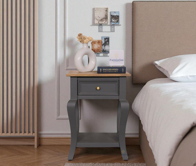 Mumbai Solid Wood One Drawer Side Table - Furniselan - Slate Grey