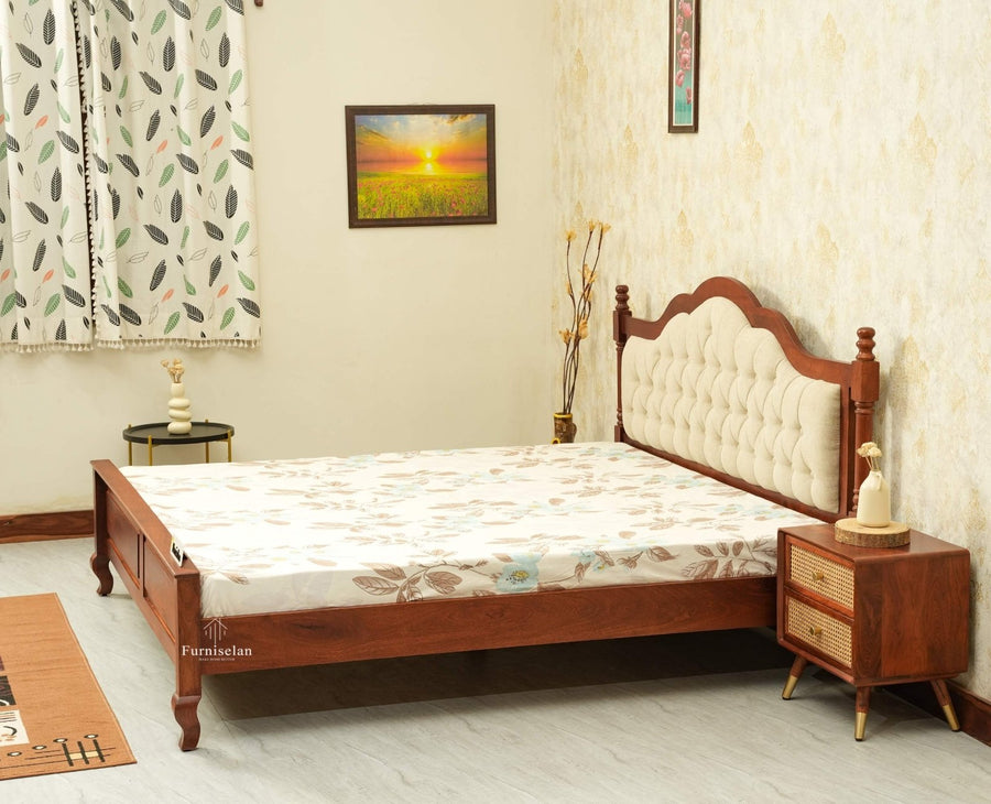 Mumbai Solid Wood Queen Size Bed Upholstered Headboard Furniselan brown finish 
