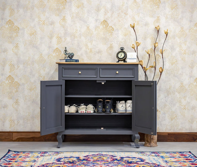 Mumbai Solid Wood Shoe Rack Cabinet Two Doors & Drawers - Sideboard - Furniselan-Slate-Grey