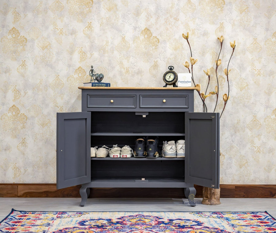 Mumbai Solid Wood Shoe Rack Cabinet Two Doors & Drawers - Sideboard - Furniselan-Slate-Grey