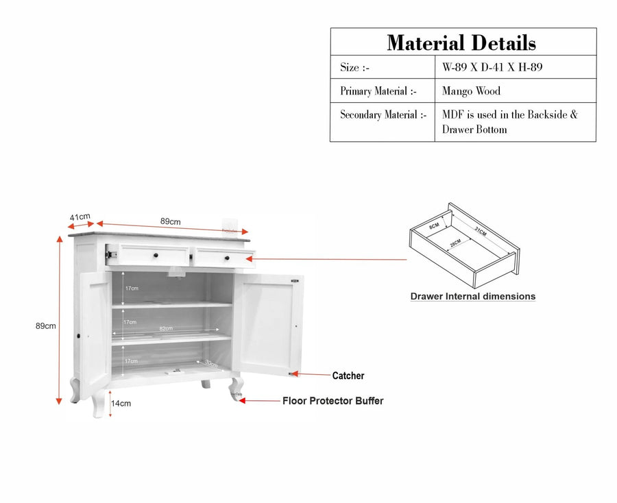 Mumbai Solid Wood Shoe Rack Cabinet Two Doors & Drawers - Sideboard - Furniselan-Frosty-White