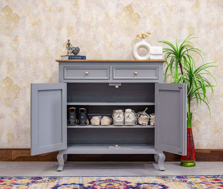 Mumbai Solid Wood Shoe Rack Cabinet Two Doors & Drawers - Sideboard - Furniselan-Cool-Grey