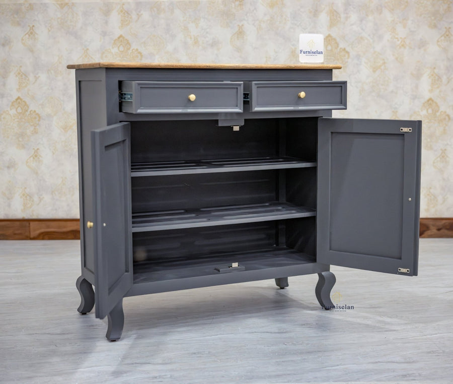 Mumbai Solid Wood Shoe Rack Cabinet Two Doors & Drawers - Sideboard - Furniselan-Slate-Grey