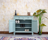 Mumbai Solid Wood Shoe Rack Cabinet Two Doors & Drawers - Sideboard - Furniselan-Silt-Green