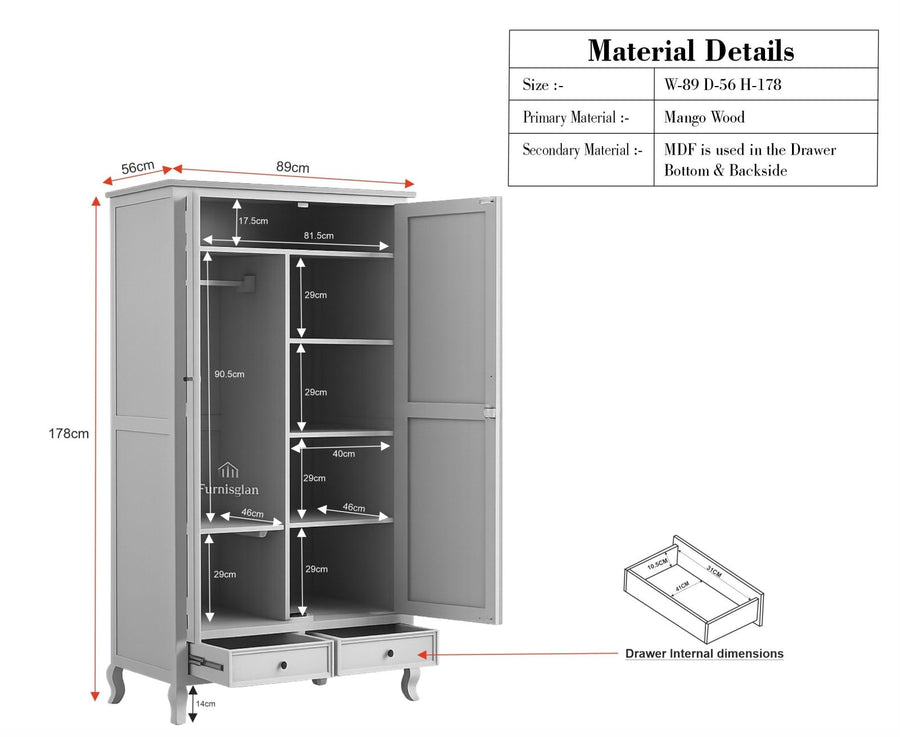 Mumbai Solid Wood Two Door Wardrobe - Wardrobes & Cabinets - Furniselan - Silt Green