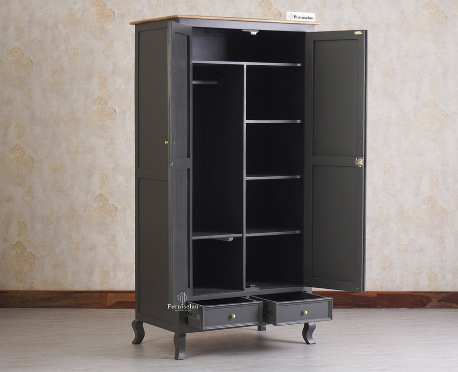 Mumbai Solid Wood Two Door Wardrobe - Wardrobes & Cabinets - Furniselan Slate-Grey
